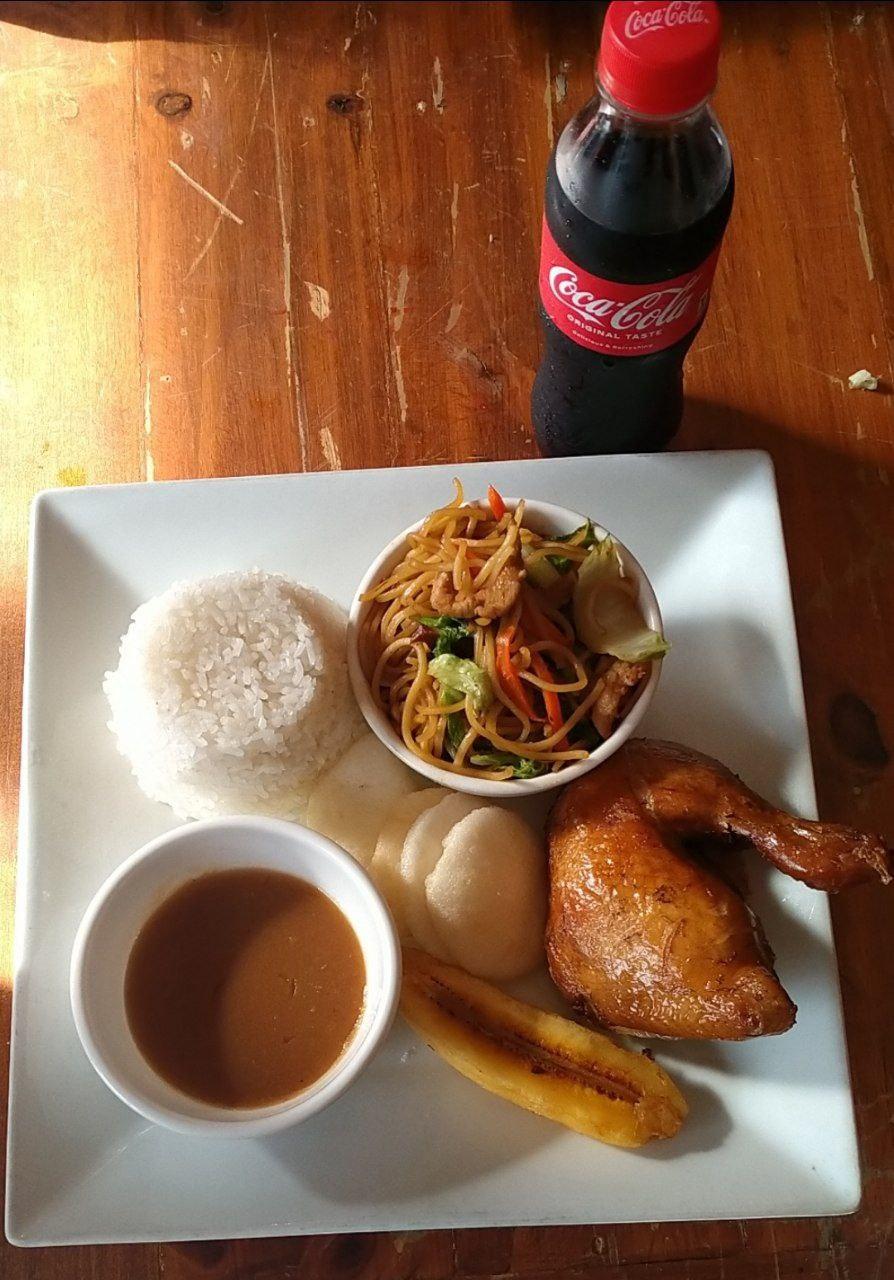 C5: Quarter Chicken, Pancit Canton Guisado, Rice, Softdrinks, Fried Saba & Kropek